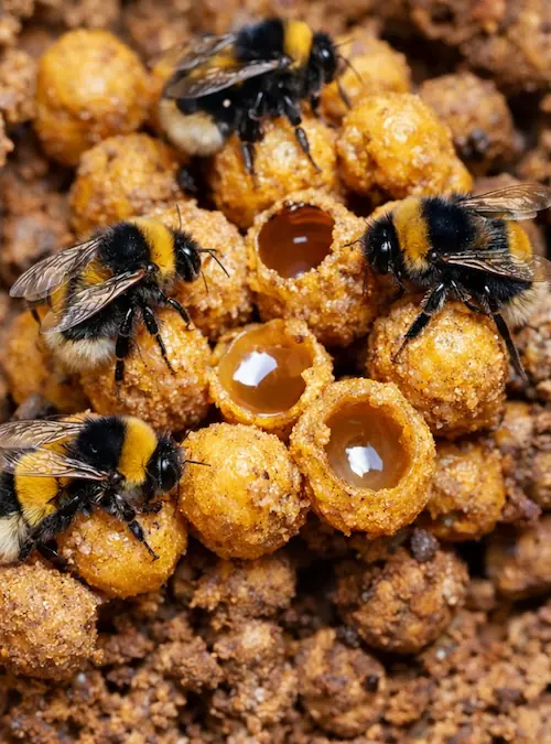 Bumblebee hive structure with clustered rounded wax pots